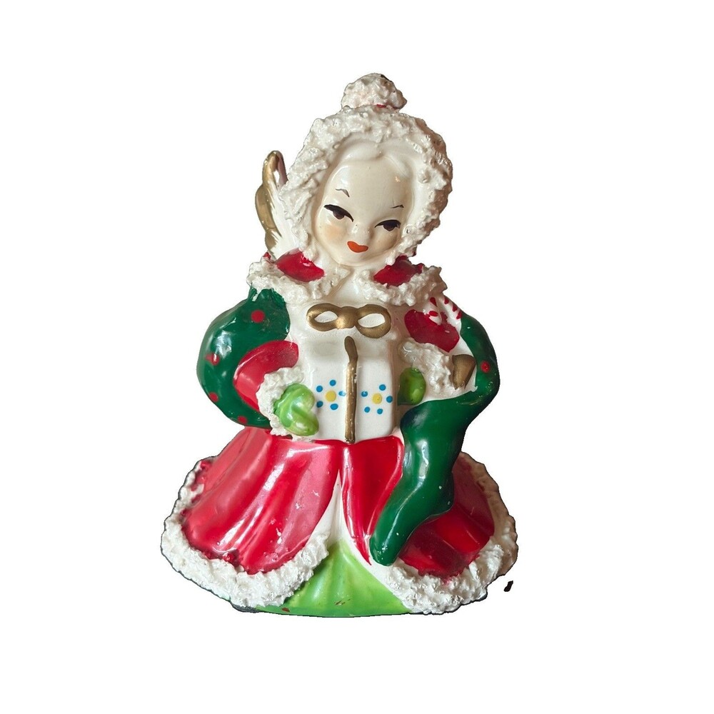 Vintage Ceramic Napco Christmas Angel Girl Figurine Spaghetti Trim